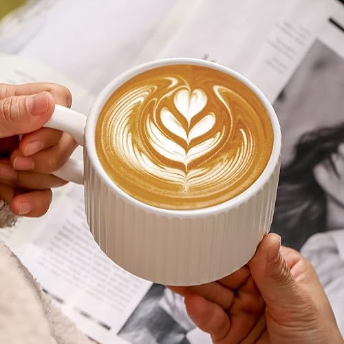 Miniatura 7 de Hasense Juego de tazas de café de cerámica blanca con soporte, tazas de café apilables de cerámica de 12 onzas, modernos juegos de tazas de café