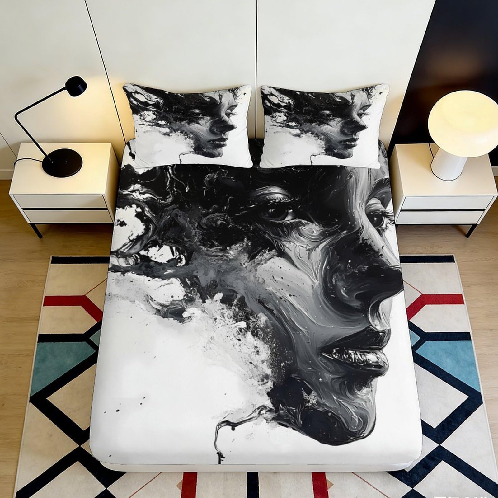 3D Printed Abstract Face Fitted Sheet Microfiber Soft Breathable Black White Artistic Bed Cover for Bedroom Dormitory Guest Room Mattress Protection 200x200x25cm