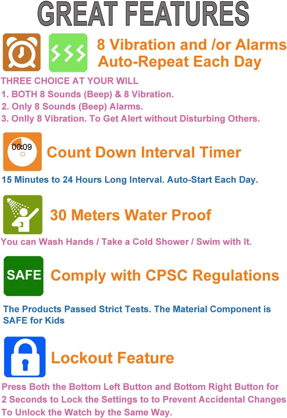 T TICCI Kids Digital Vibrating Alarm Watch highlighting features like 8 alarms, countdown timer, 30-meter waterproof, CPSC compliance, and lockout function.