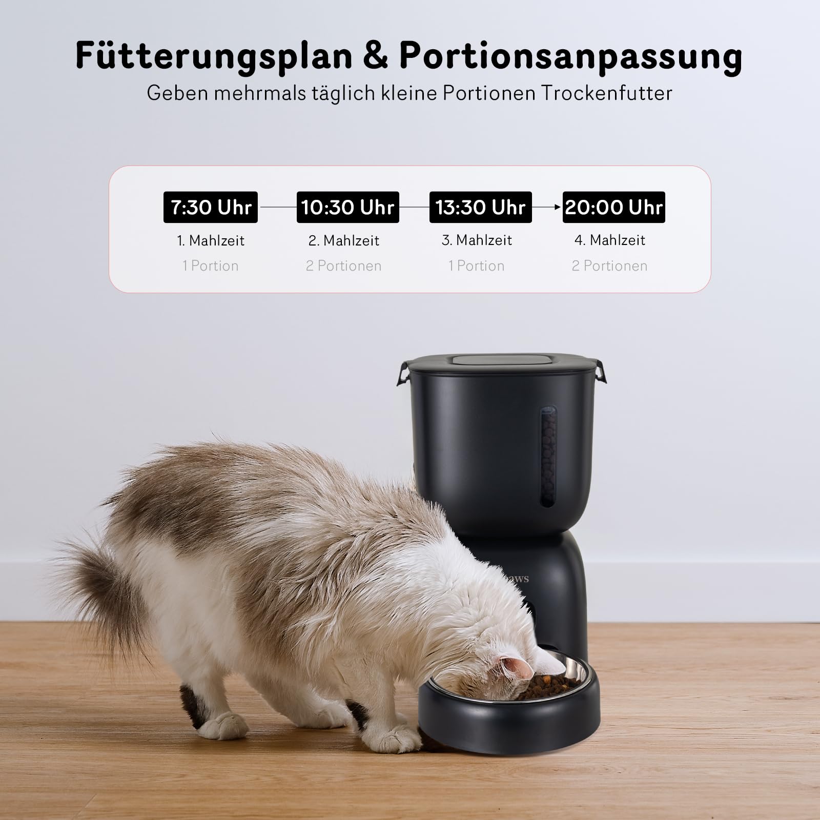 Futterautomat Katze und Katzen Trinkbrunnen FW1, Draht oder Batterie Futterspender Katze 3L Timer Pet Feeder - Verriegelbarer Deckel, Trockenmittelbeutel, programmierbare Portionskontrolle