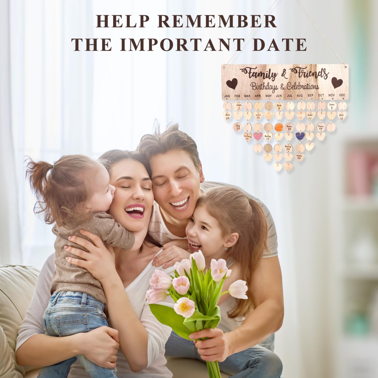 NUOBESTY Calendrier Suspendu En Bois Tableau De Rappel D'Anniversaires Familiaux DéCoration Murale Vintage Pour Maison Et Bureau Diy Facile À Assembler 15.7X4.3 Pouces