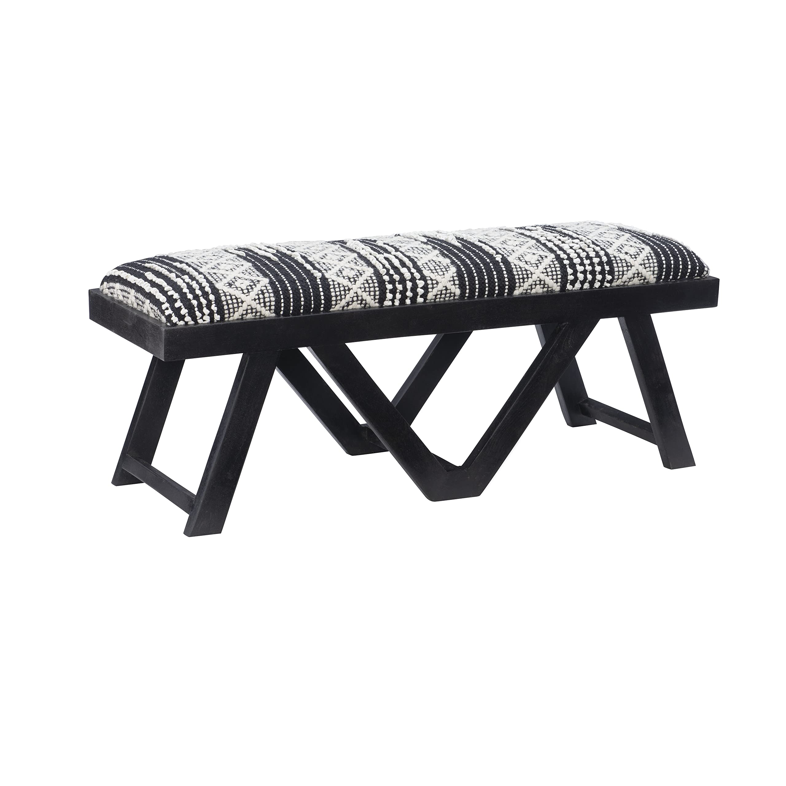 Wood Black and White Geometric Upholstered Top Halco Bench, Black & White