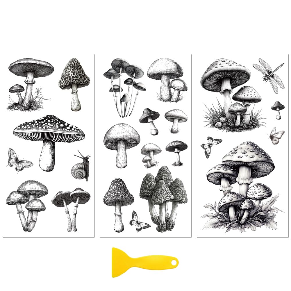 Peacoblue Rub on Transfer Decal Sticker for Furniture Craft Decor 6"x12" Vintage Black and White Mushrooms