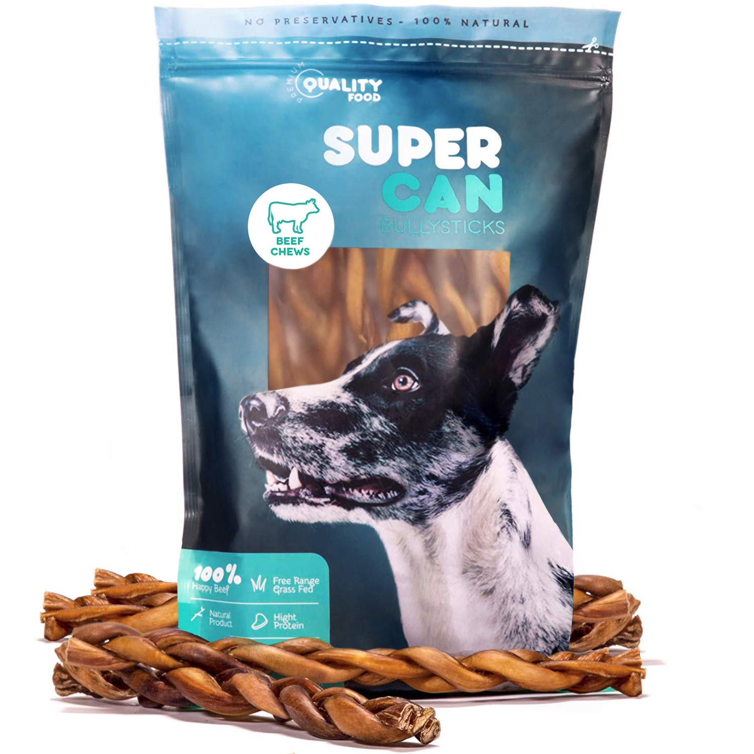 SUPERCAN 12" Braided Bully Sticks for Dogs (5-Count) - 100% Natural Long-Lasting Dog Chews for Aggressive Chewers - High-Protein | Rawhide-Free | Odor-Free Treats - Free-Range Grass-Fed Beef