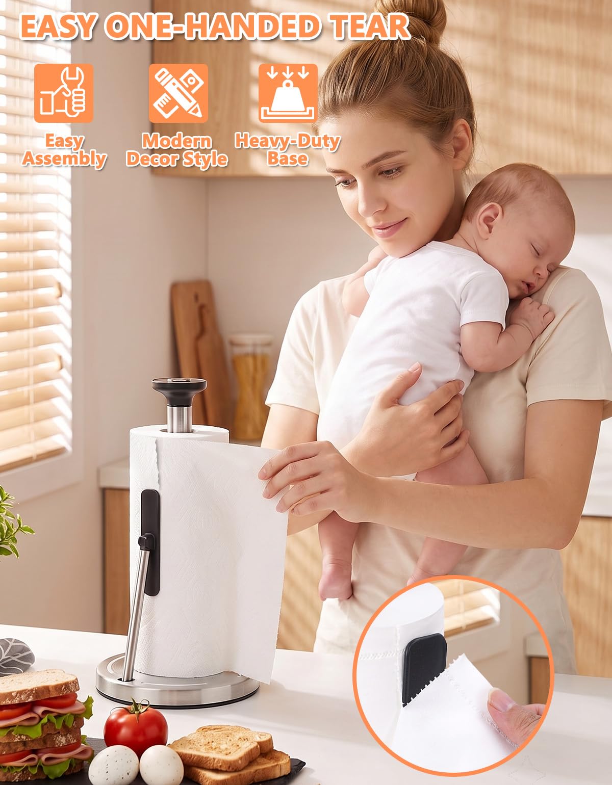 YUET Portarotolo da cucina autoportante, in acciaio inox, con LED, impermeabile e antiruggine, base resistente con ventosa