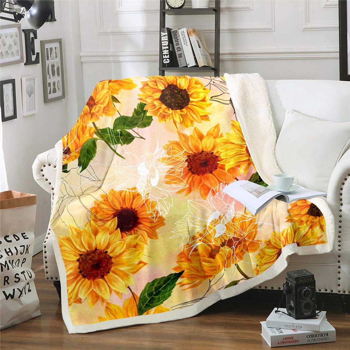 Loussiesd Floral Plush Blanket - Watercolor Sunflower Print Fleece Throw 60x79 Inch, Yellow Flowers, Botanical Branches, Fuzzy Couch & Bed Blanket for Women & Adults