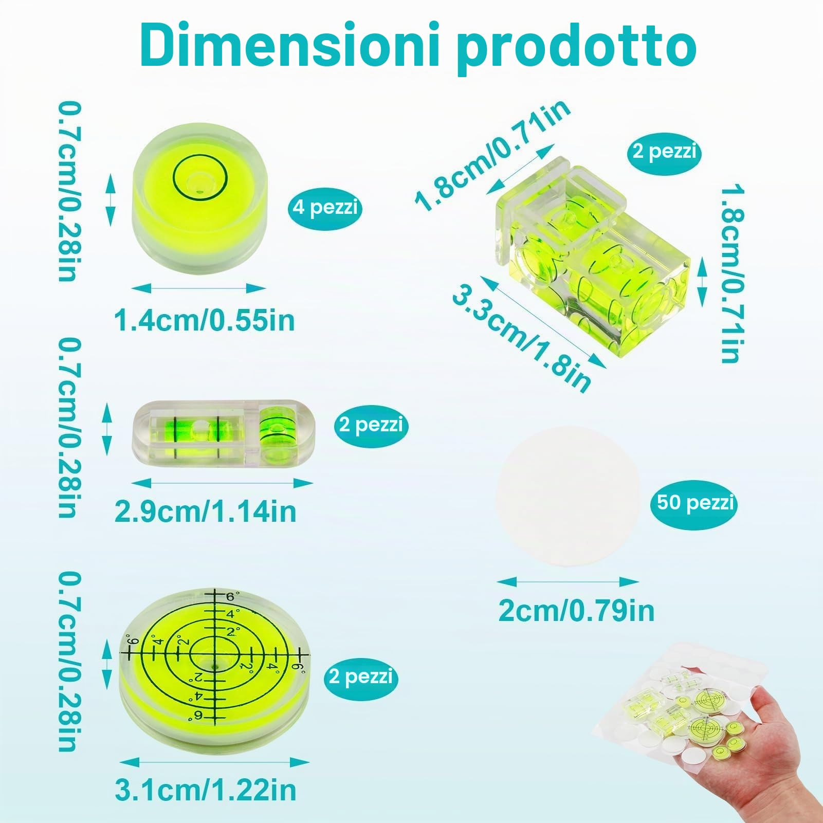 10 Mini Livella a Bolla Professionale Set Bolla Livella per Fotocamera, Mobili, Treppiedi, Campeggio con 50 Punti Adesivi Livella Bolla Compatta per Allineamento di Precisione