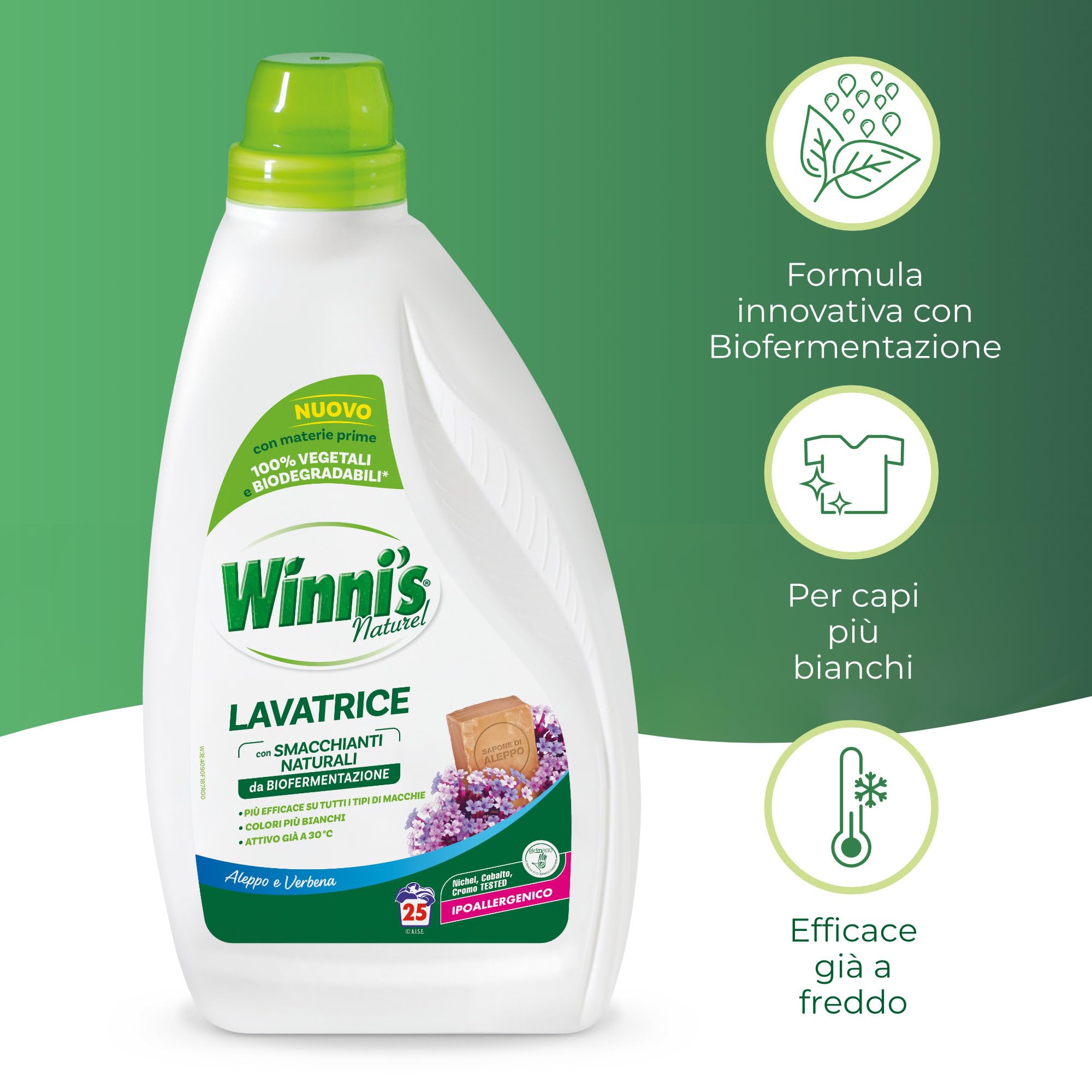 Winni's - Detersivo Lavatrice Ipoallergenico, 200 Lavaggi, Fragranza Aleppo e Verbena, con Smacchianti Naturali da Biofermentazione, Materie Prime Vegetali, 1125 ml x 8 Confezioni