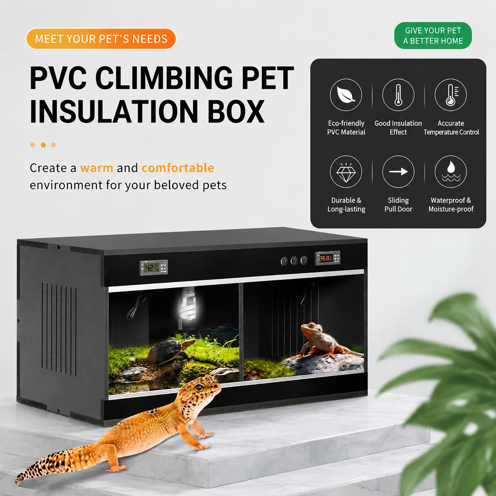 Terrarium dla gadów z podwójnym cyfrowym termostatem PVC, podzielone wiwarium z przesuwnymi drzwiami ze szkła hartowanego, izolowana skrytka hodowlana dla jaszczurek, żółwi(Black,120x60x60)