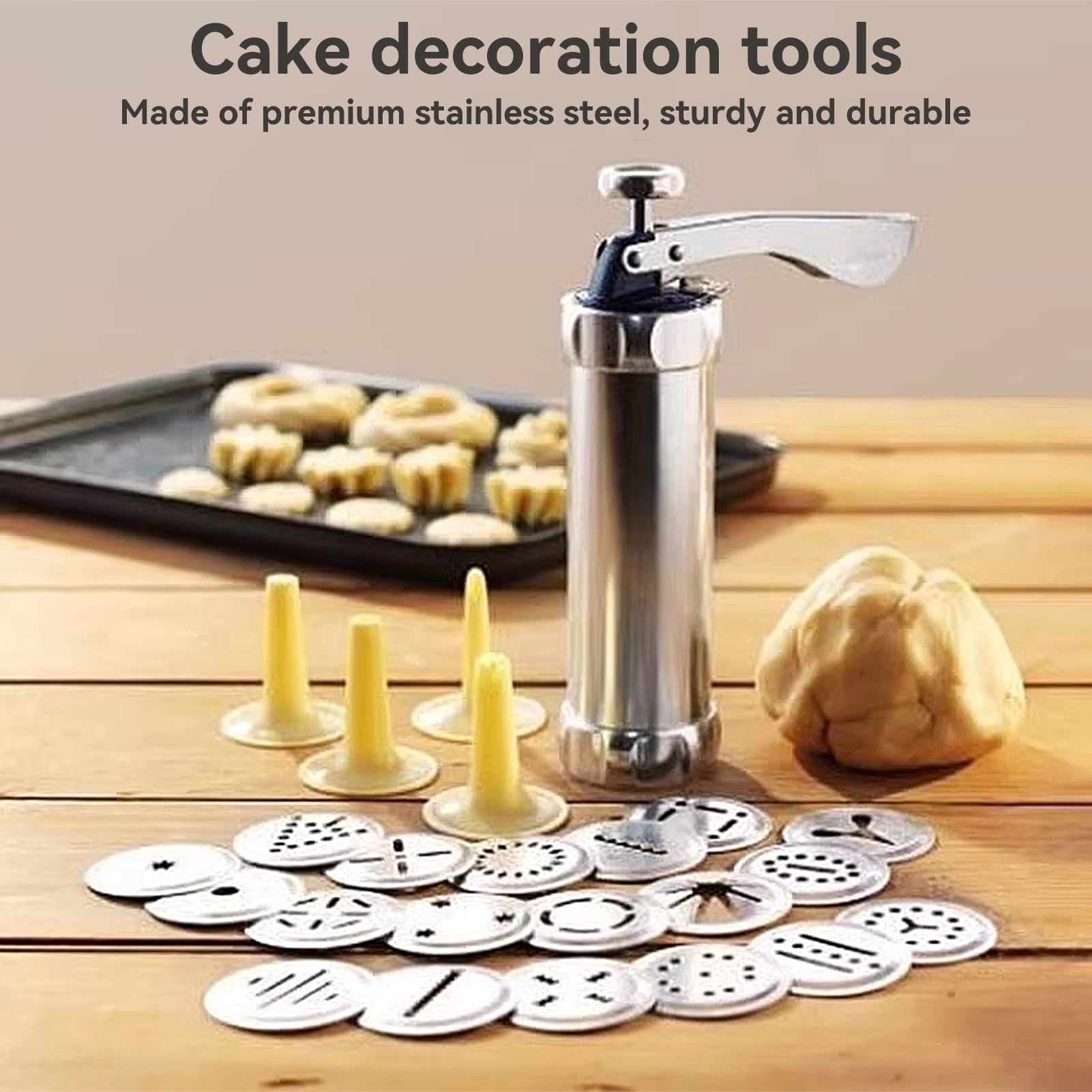 Stainless Steel Cookie Press With 20 Molds & 4 Nozzles - Biscuit Maker & Churro Maker Machine
