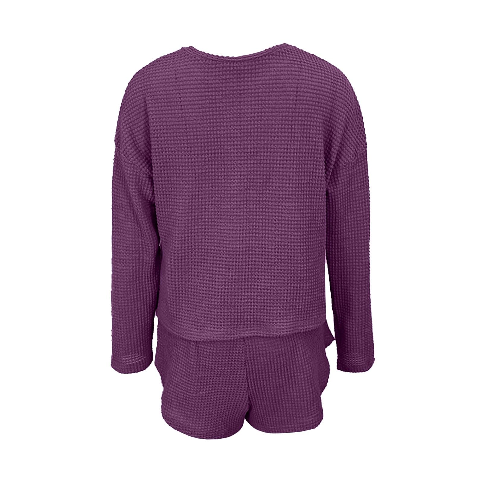 Generisch Womens Knit Pajama Sets Long Sleeve Top and Shorts Matching Set Loungewear Sweatsuit with Pockets Nacht Wäsche