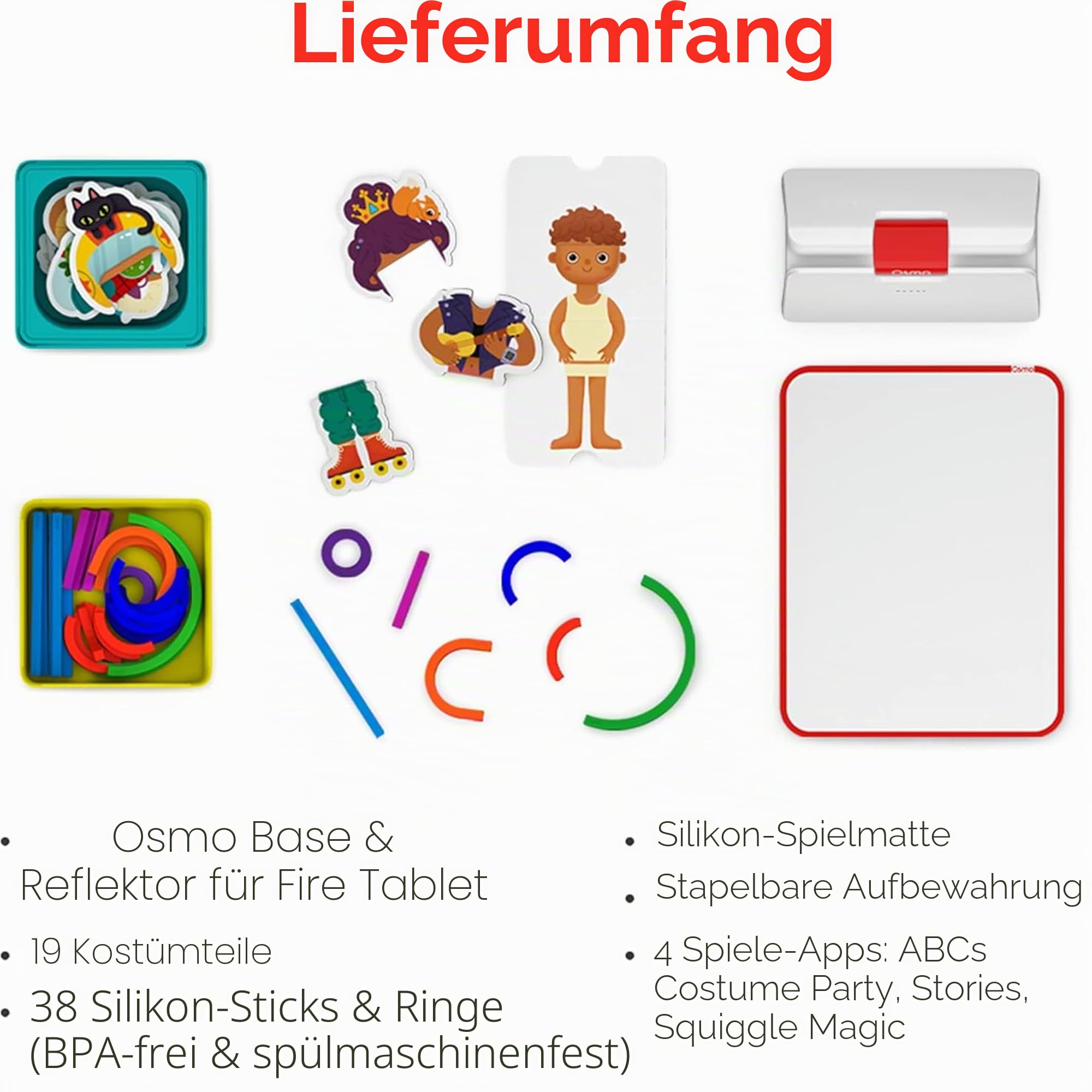 Osmo - Little Genius Starter Kit für Fire-Tablet - 4 Lernspiele - 3-5 Jahre - Buchstaben, Laute, Kreativität - digitales Spiel mit echten Spielsteinen - (inkl. Osmo Basis für Fire) - deutsch übersetzt
