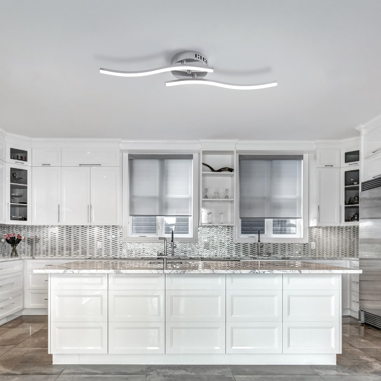 Goeco Plafoniera LED Soffitto Argento 14 W 52 cm 6500K Lampadario da Soffitto con 2 Fiamme Moderni Design Curvo Luce Bianca Fredda Lampada in Acrilico per Camera da Letto Soggiorno Cucina