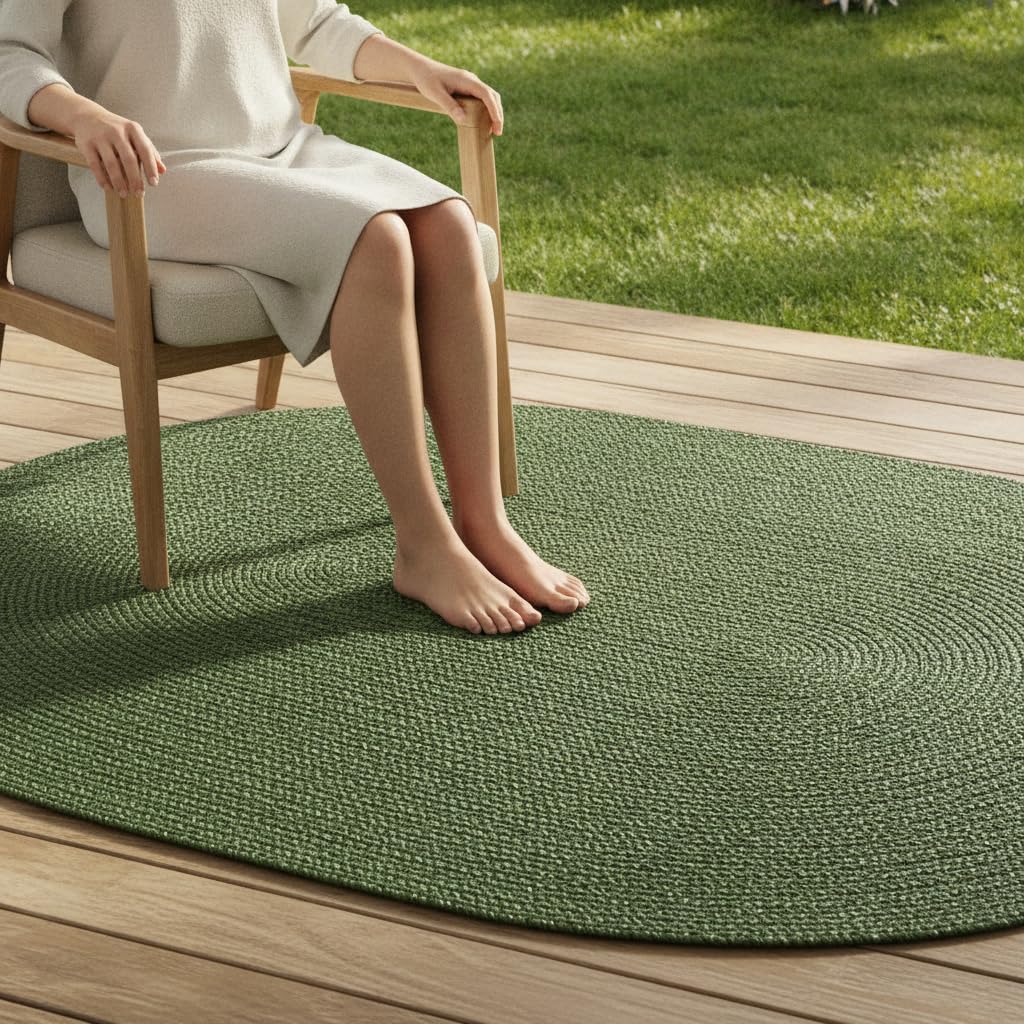Tappeto da Esterno Ovale Verde, Resistente ai Raggi e Lavabile, per Balcone, Terrazza e Giardino, 120x180CM