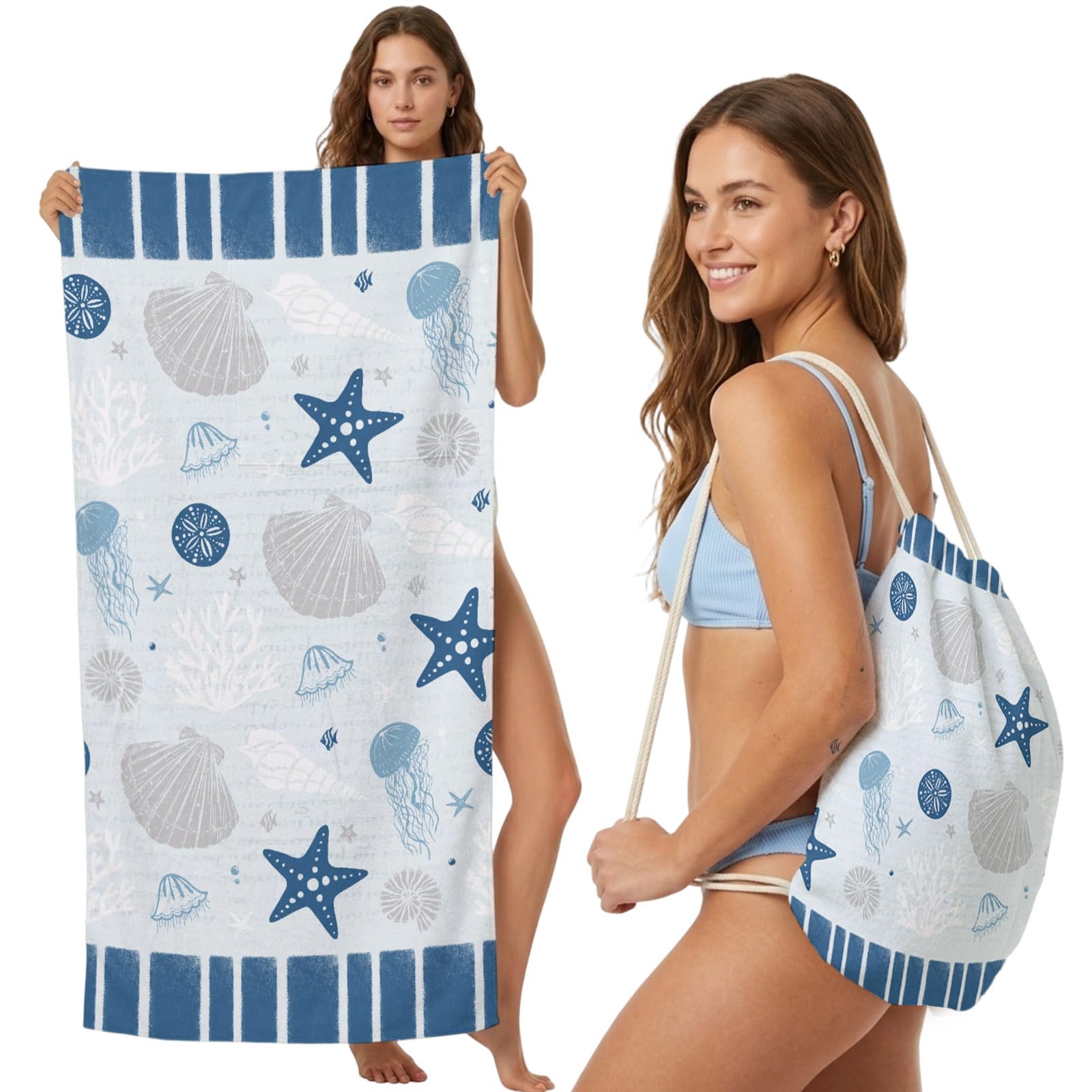 FWJZDSP Beach Towel Backpack Convertible Navy Blue Starfish Shell Sand Free Quick Dry Towel Bag Ocean Jellyfish Coral Stripe Beach Towel with Adjustable Straps for Travel Swimming Pool 31.5x63in