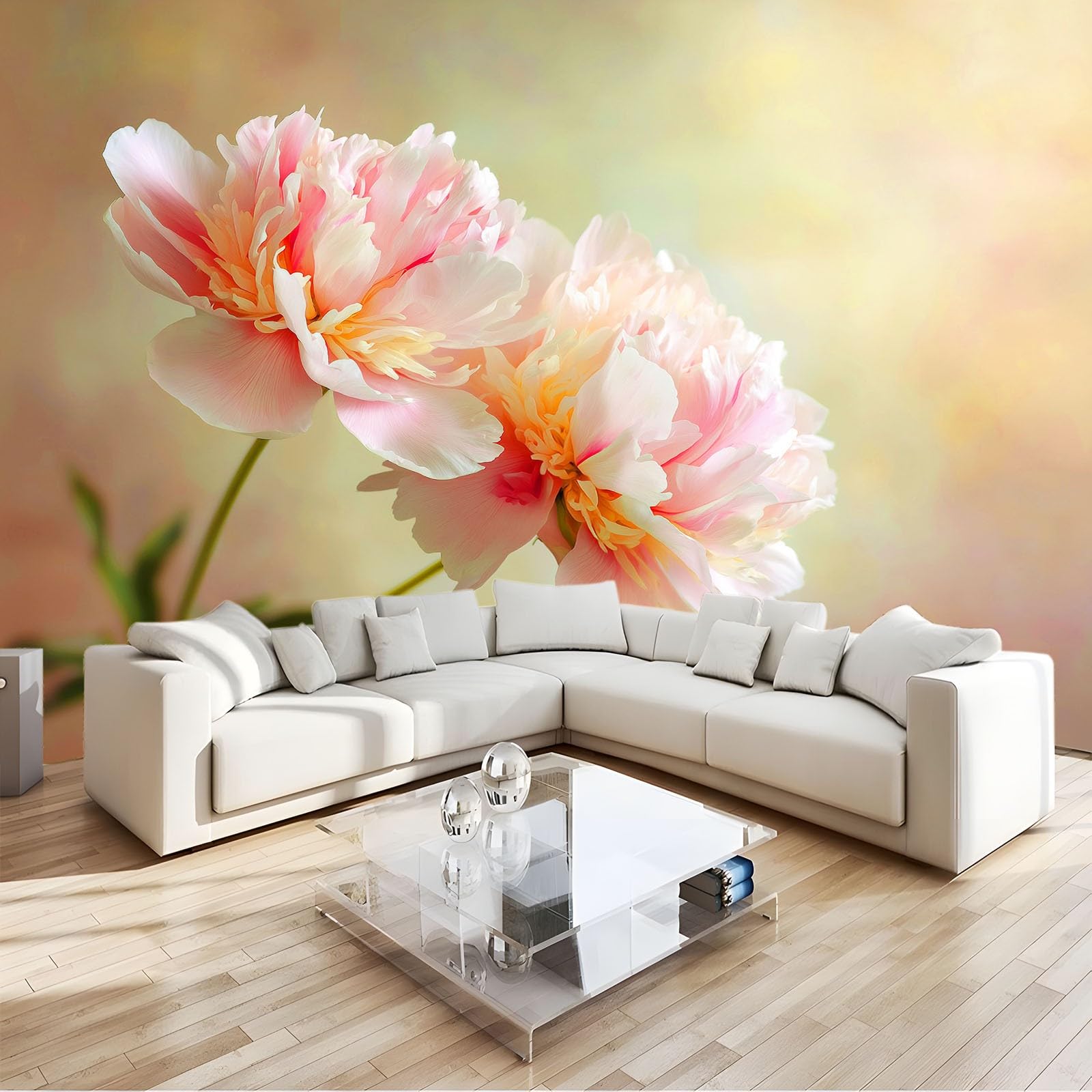 Papier peint panoramique pivoines pour habiller un mur blanc : poster géant 250x175 cm