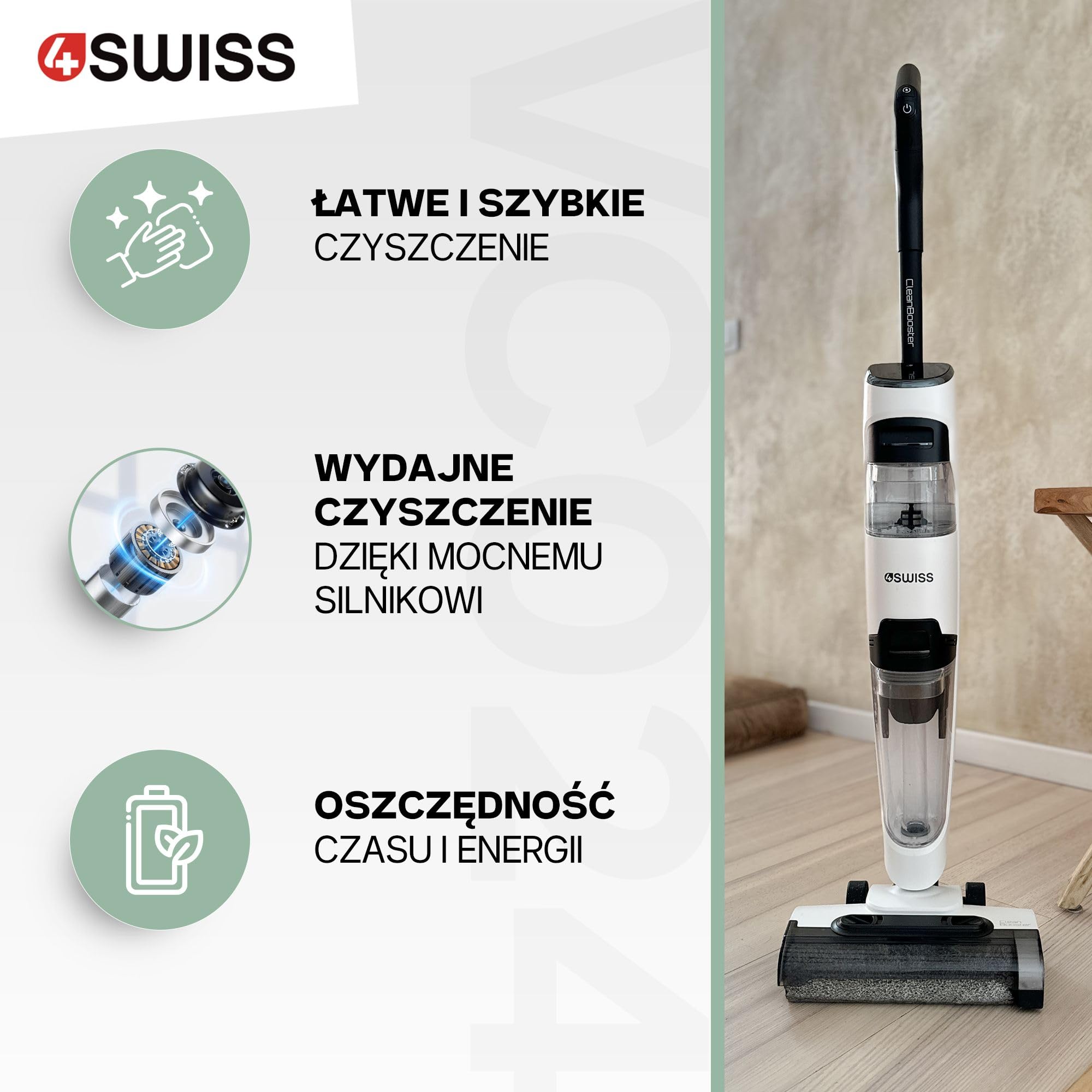 4Swiss VC024 Clean Booster | Odkurzacz pionowy | Bezprzewodowy | Odkurzacz myjący | Biały | Bezworkowy | Samoczyszczący | Energooszczędny