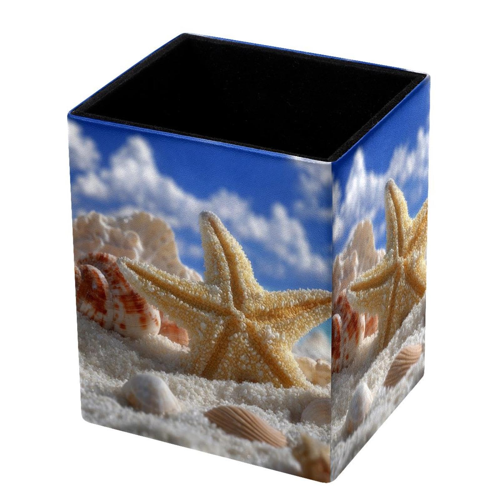 VAPOKF Pencil Holders for Desk, Beach and Starfish Printed Pen Holders Pen Pot Makeup Brushes Storage Desktop Stationery Supplies Organiser for Home Office