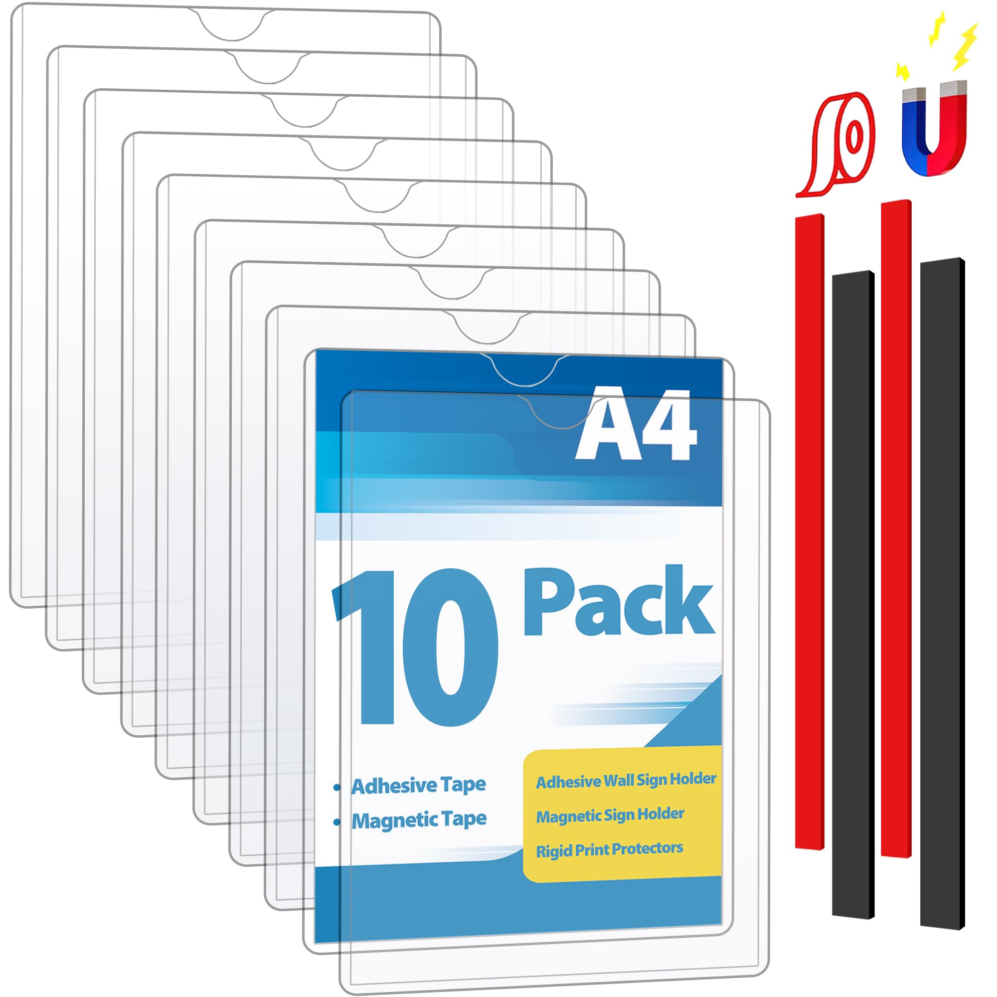 10 Pcs Cadre Magnétique Auto-adhésif A4, Cadre d'information Avec bande adhésive et magnétique, Informations sur le Cadre, Affichage Étanche, Couvertures pour Signe, Photos, Document