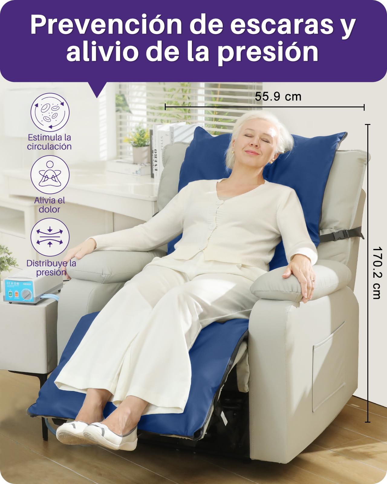 Kekoy Colchón Antiescaras para Sillones Reclinables, Bomba Silenciosa, Funda Impermeable, Ideal para Ancianos y Recuperación Postoperatoria, 170x56 cm, Azul Claro