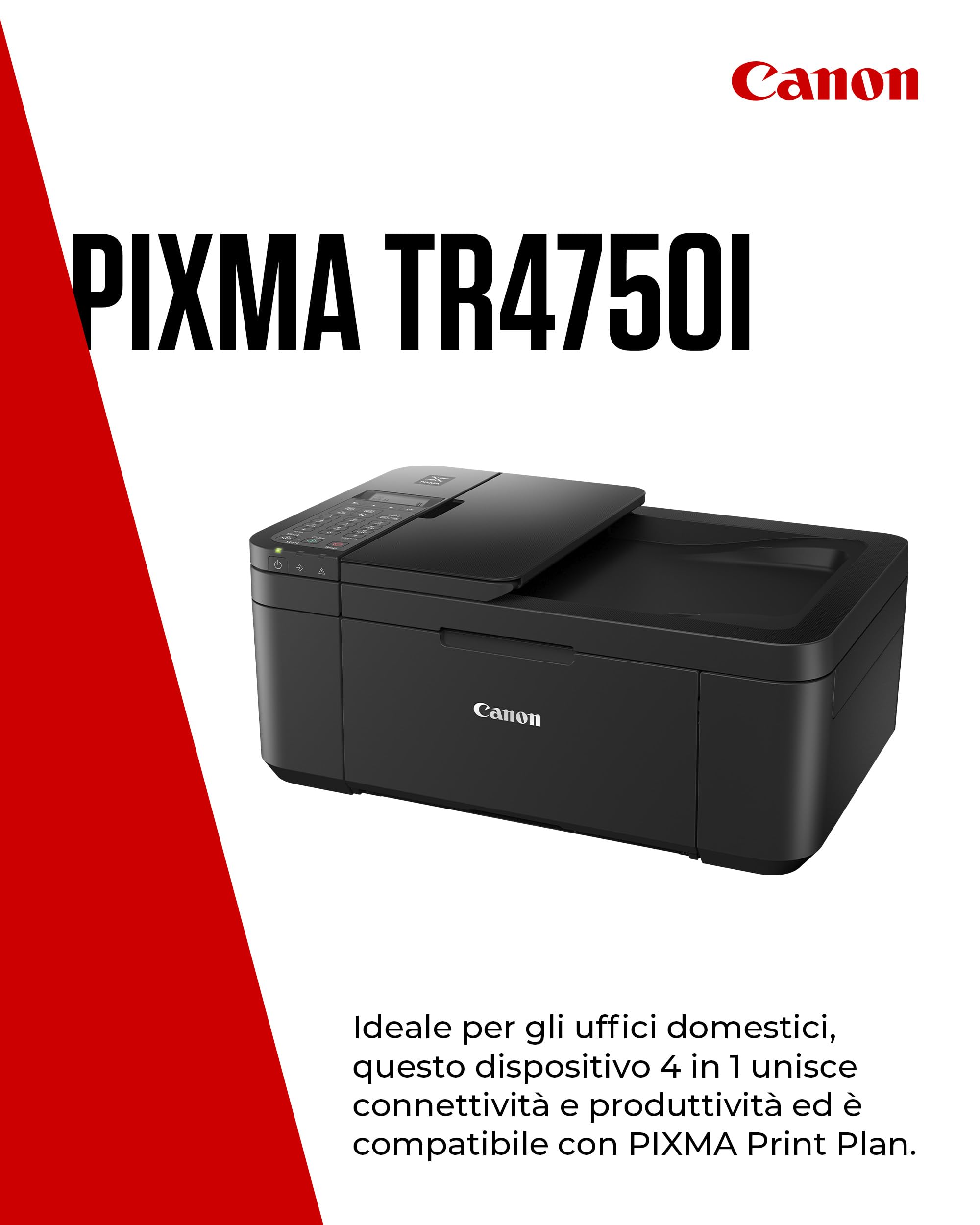 Canon PIXMA TR4750i - Stampante Wireless Multifunzione 4 in 1 - Stampa, Scansione, Copia, Fax - Fronte/Retro, ADF 20 Fogli, Stampa Foto Senza Bordi 4x6, Compatibile con PIXMA Print Plan, Nero