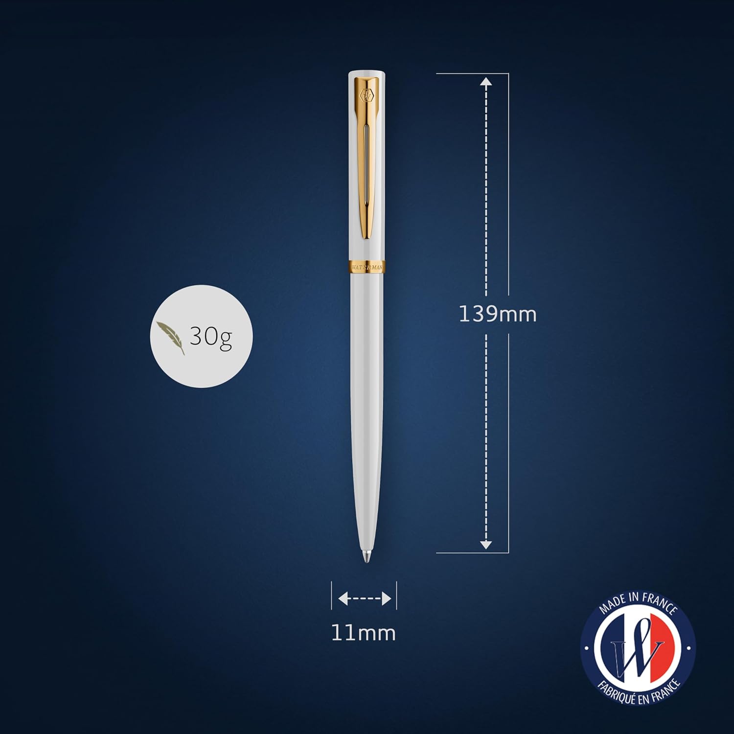 Waterman Impression Ballpoint Pen | Medium Tip with Blue Ink Refill | White Lacquer with Gold-Coated Trim | Gift Box