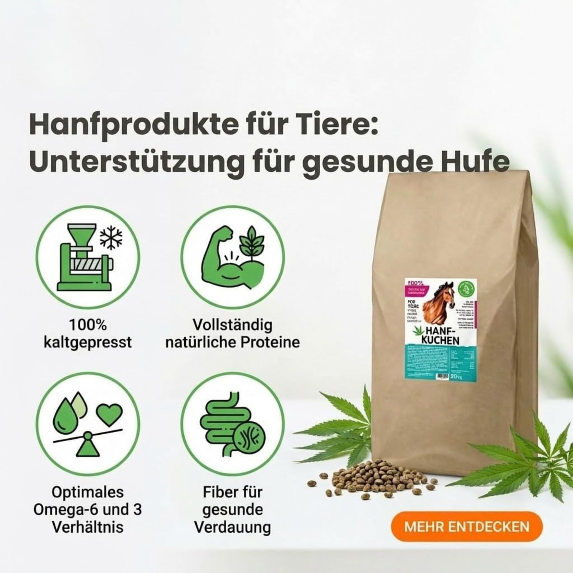 Hanfkuchen für Tiere, 20 kg kaltgepresste Hanfpellets | 100 % kaltgepresster Trester, Ergänzungsfuttermittel für Tiere.