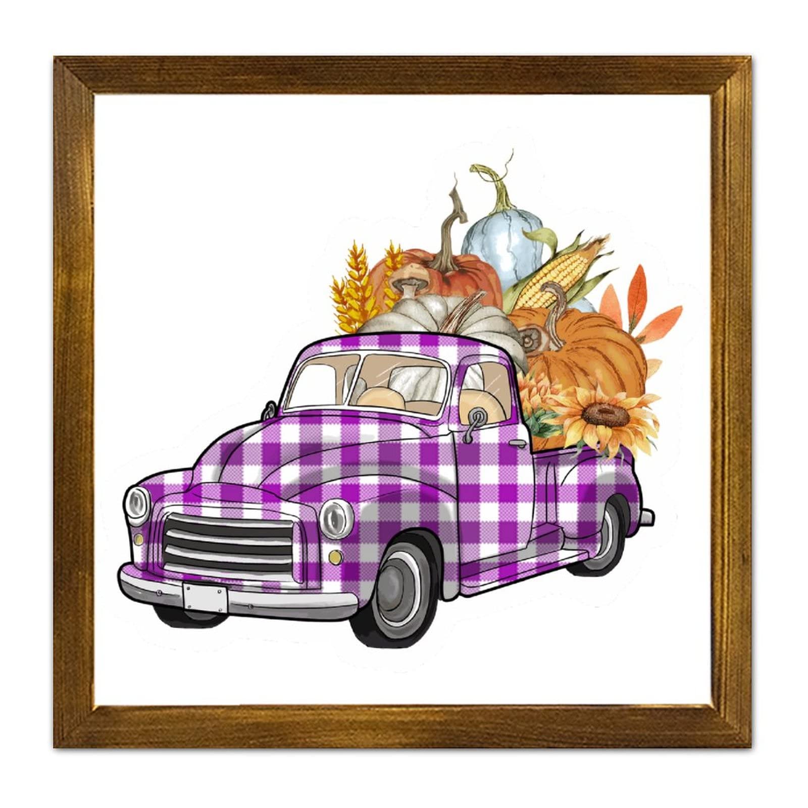 Panneau bois Happy Fall Pumpkin carreaux violets déco maison