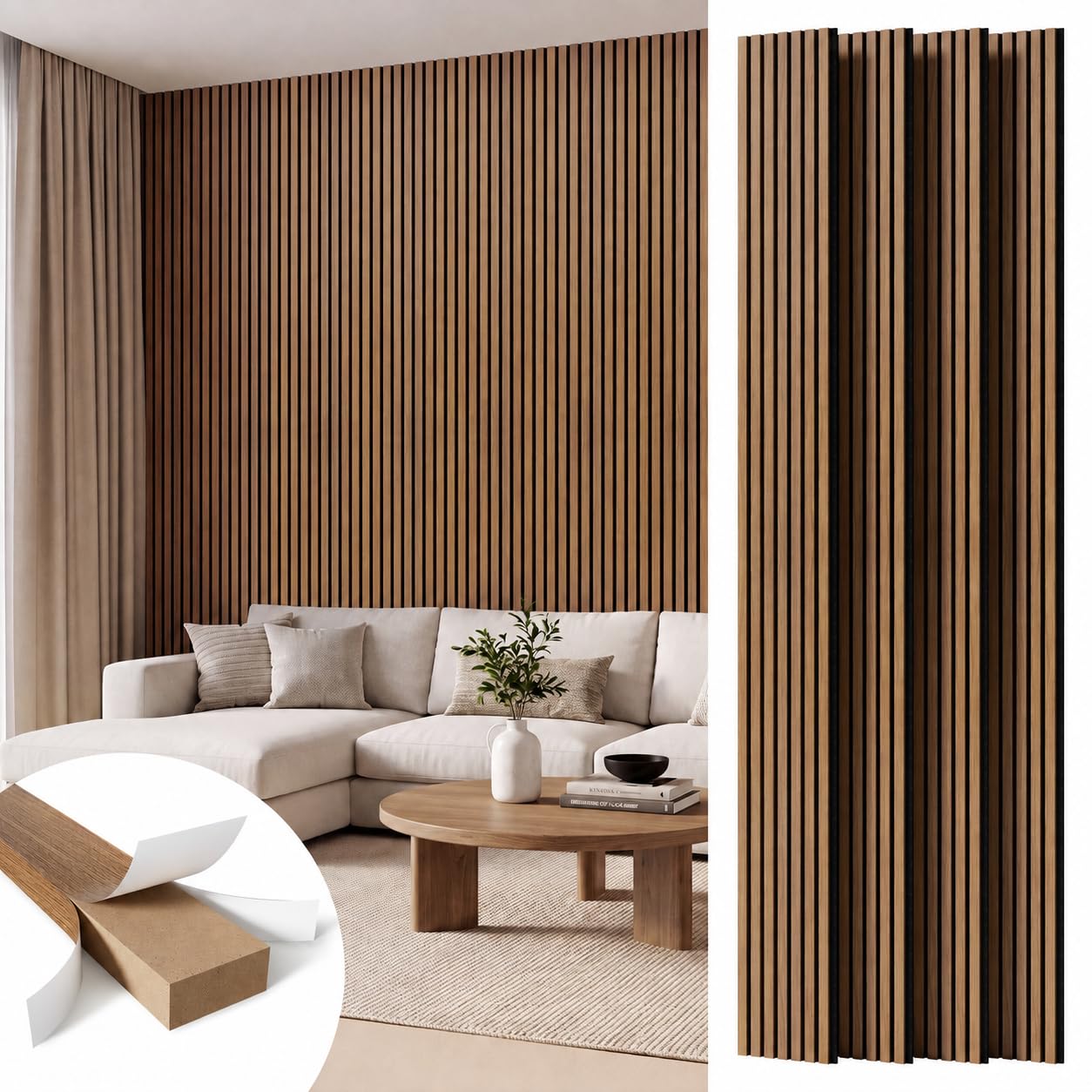 Photo 1 of Amsleekey 108"x11" Acoustic Wood Slat Wall Panels (4-Pack, Teak)