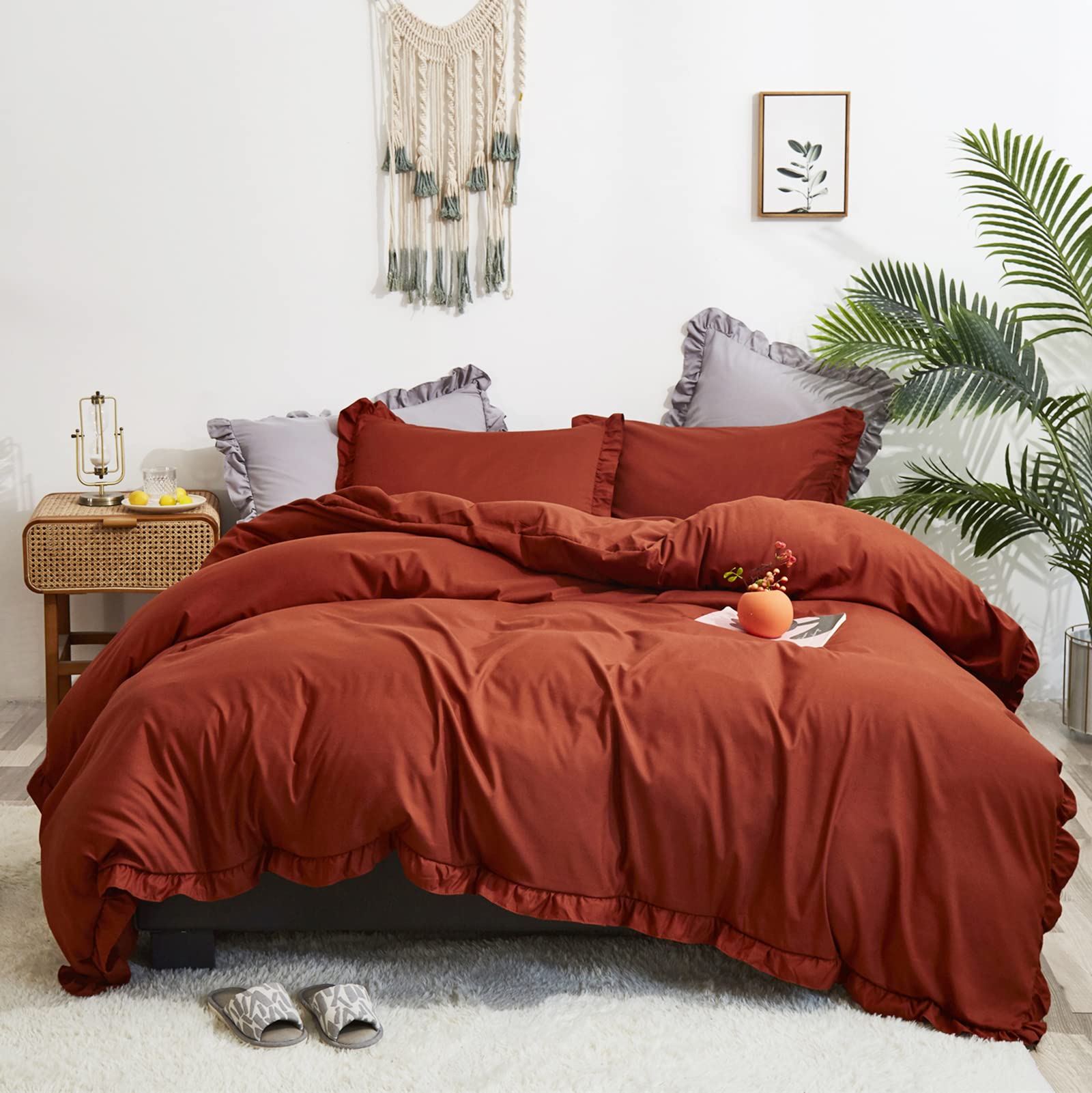 LuxloveryLuxlovery Burnt Orange Ruffle Comforter Set Queen Farmhouse Rust Orange Bedding Comforter Set Full Shabby Caramel Cotton Chic Blanket Quilts Ruffed Reddish Orange Bedding Set For Women Men Adults Kids