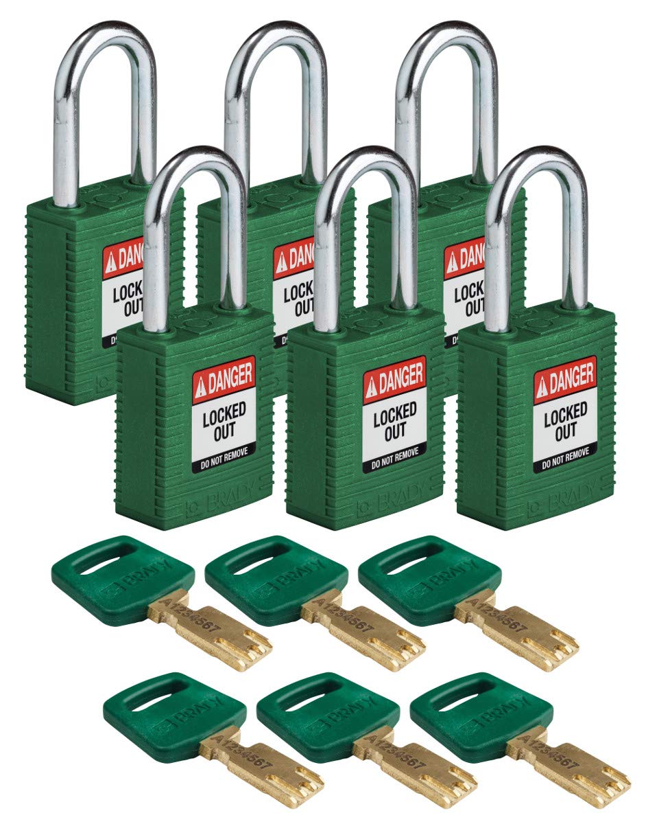 Brady Green Safekey Nylon Padlock, Steel Shackle, 38Mm X 84Mm X 19Mm, Pack Of 6