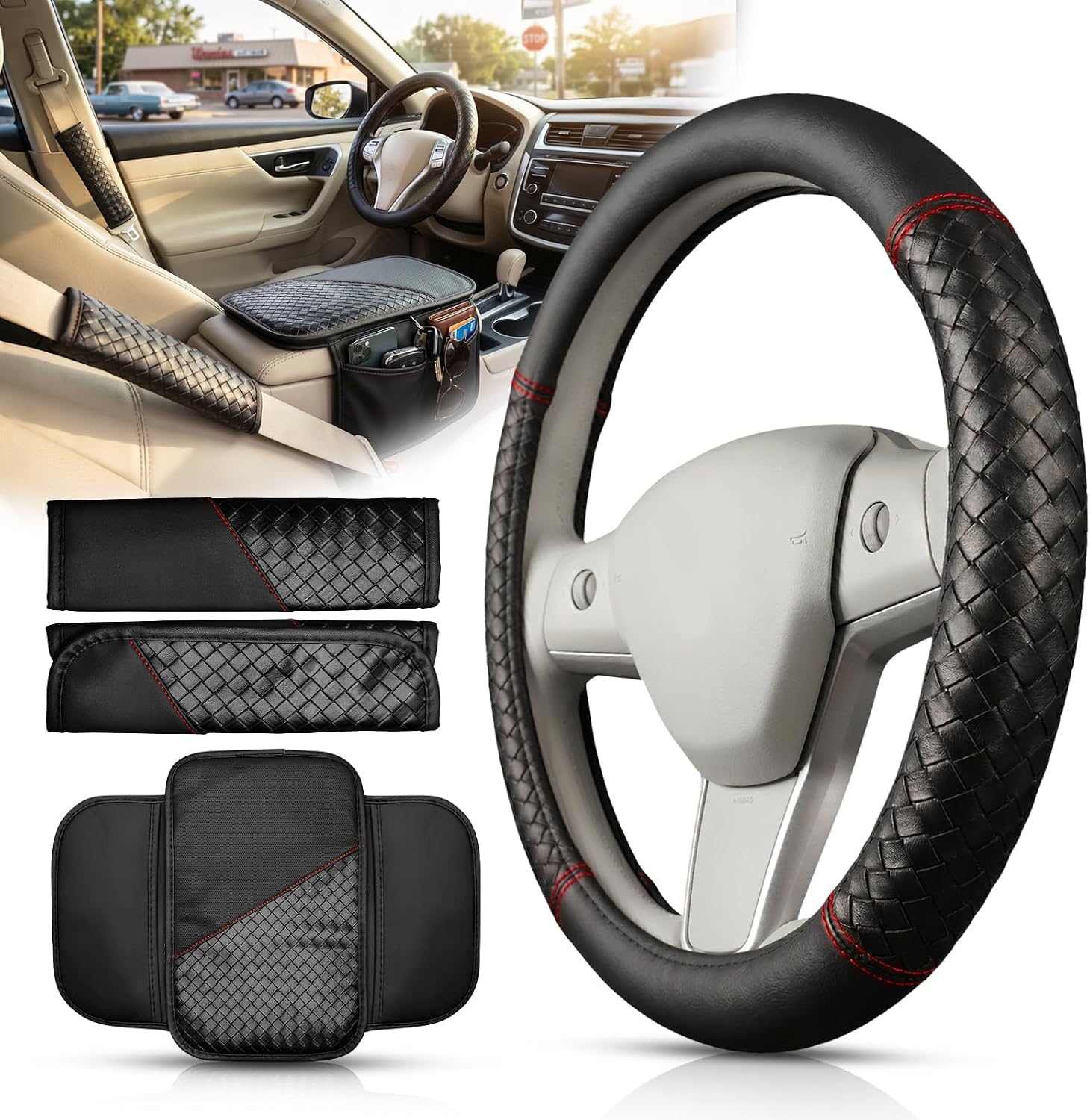 4 Pcs Black Leather Steering Wheel Cover Set - Center Console Armrest Pad, Seat Belt Shoulder Pads, Car Interior Accessories | Universal Fit 15 inch , Leather , Square Weave,with Side Storage Pockets
