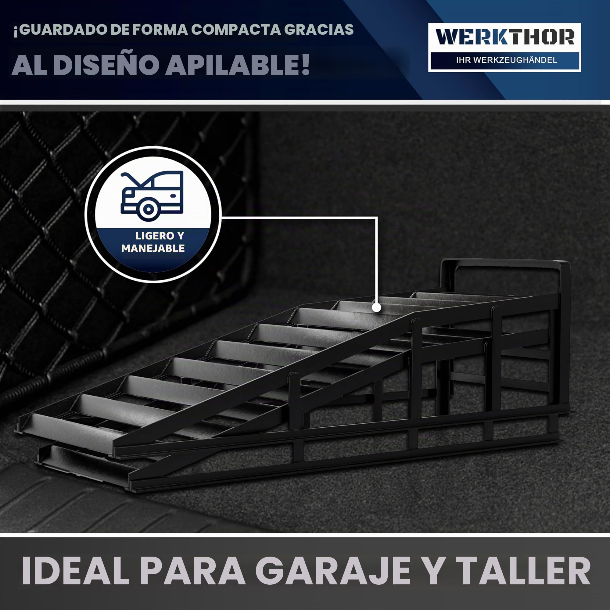 WERKTHOR Rampa de carga para coches de metal - [Set de 2] Rampas de carga para máxima sujeción [<3t] - Rampa de auto de alta capacidad para cualquier superficie - Rampas de auto 2 piezas