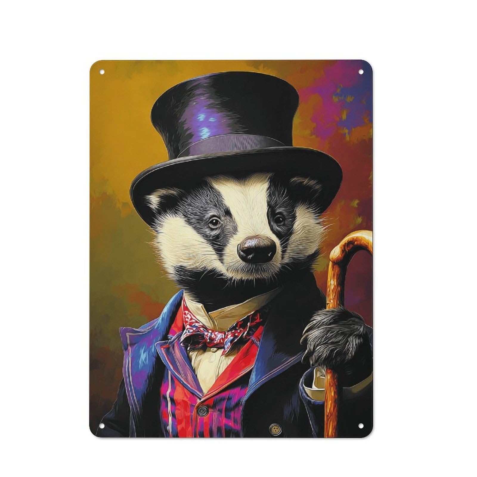 40x30cm Rustic Metal Plaque with Badger in Top Hat A Dapper Portrait -1 for Café Or Restaurant, for Themed Interiors in Cafés And Restaurants