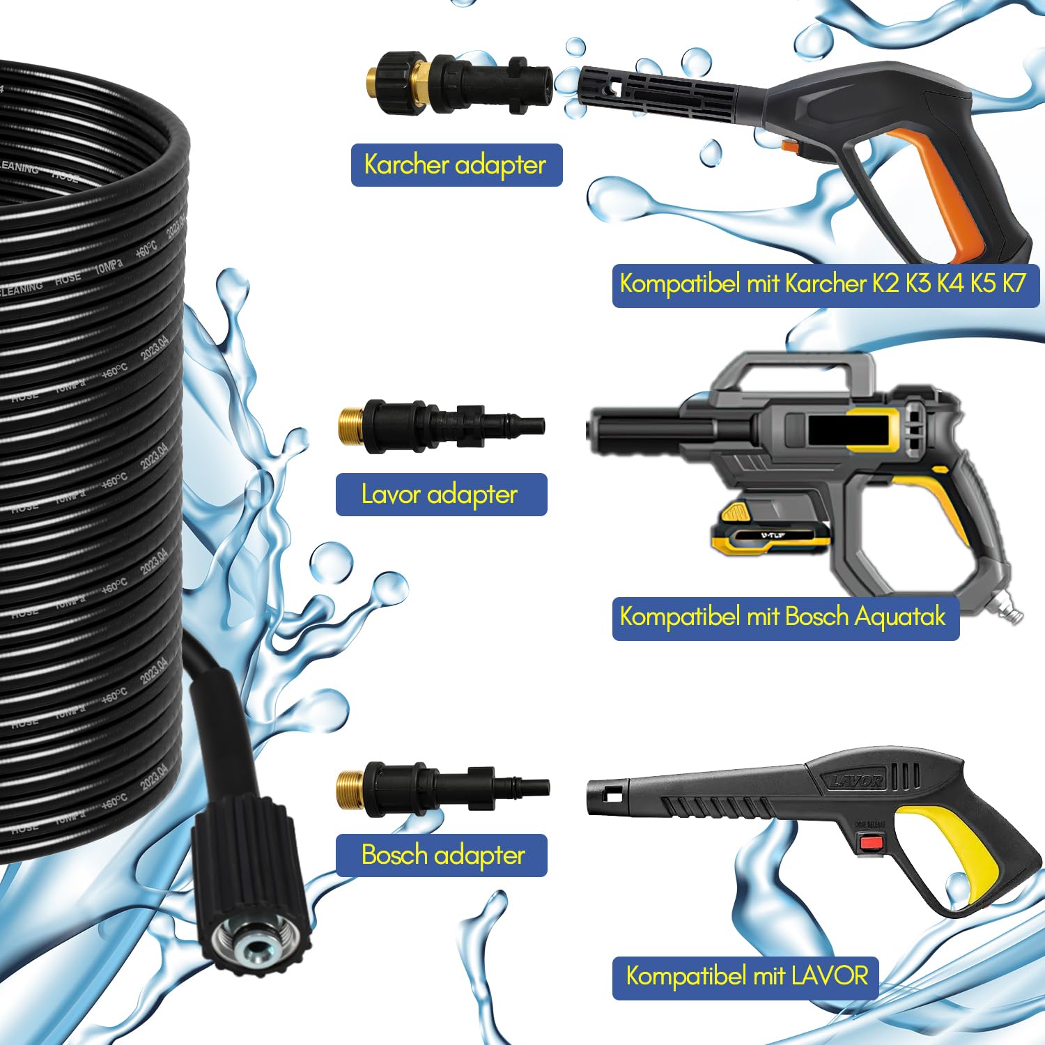 Tuyau De Débouchage Haute Pression 15m - Compatible Kärcher K2-K7, Bosch, Lavor - 2 Buses + Adaptateurs - 210 Bars Max