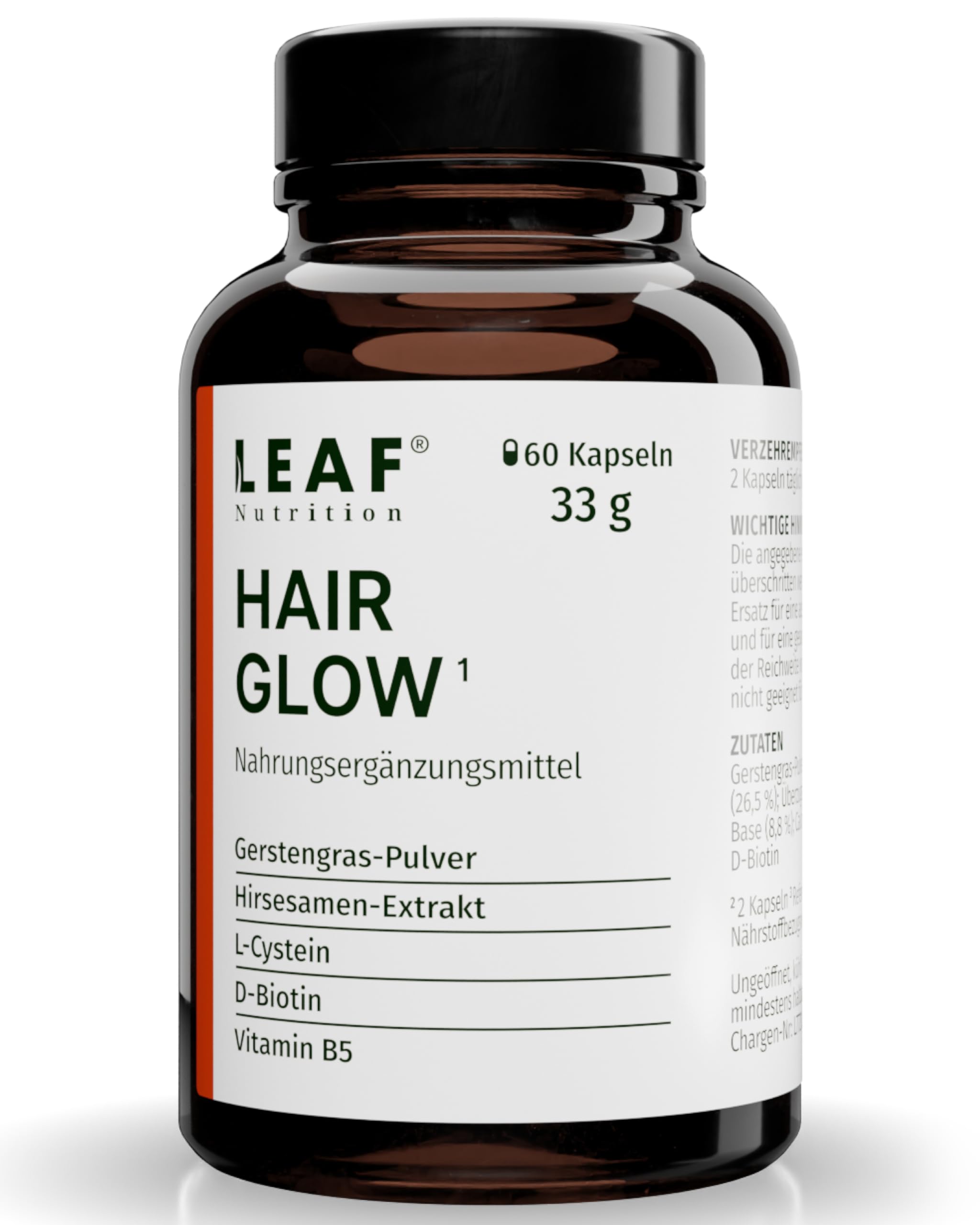 LEAF HAIR GLOW Kapseln vegane Nahrungsergänzung mit Gerstengras, Hirsesamen & L-Cystein | mit D-Biotin für die Haare | für 30 Tage (60 Stück) | nachhaltige Recycled PET-Verpackung & Made in Germany