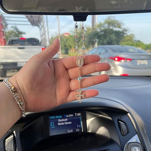 Miniatura 4 de Rosario de coche para espejo retrovisor, espejo retrovisor de mal de ojo, cuentas de rosario automático, medalla de coche y accesorios para colgar