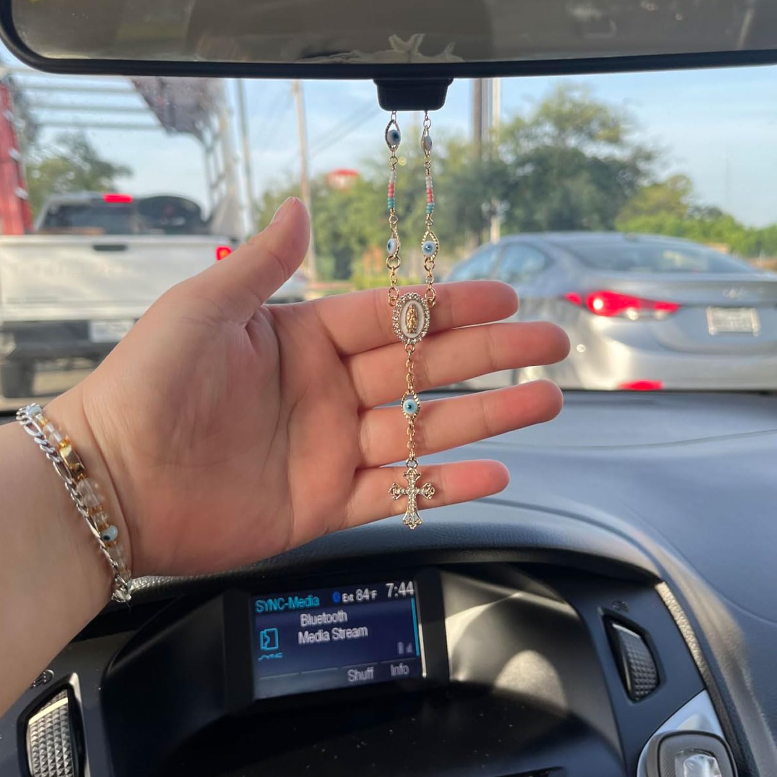 Car Rosary for Rearview Mirror Evil Eye Rearview Mirror Auto Rosary Beads Car Medal and Cross Hanging Accessories — view 4