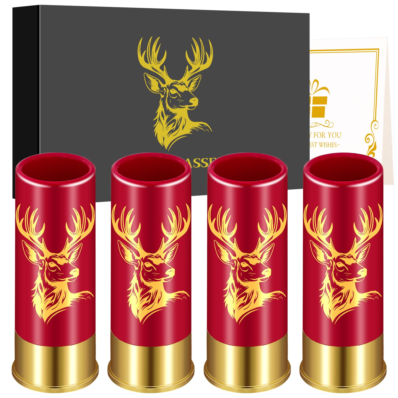 4 Pcs Shot Glasses with Head Tilted Deer Head with Gift Box for Men Women Wedding Party Father's Day Gifts for Hunters 12GA Deer Hunting Small Shot Cups 45ml Plastic Red