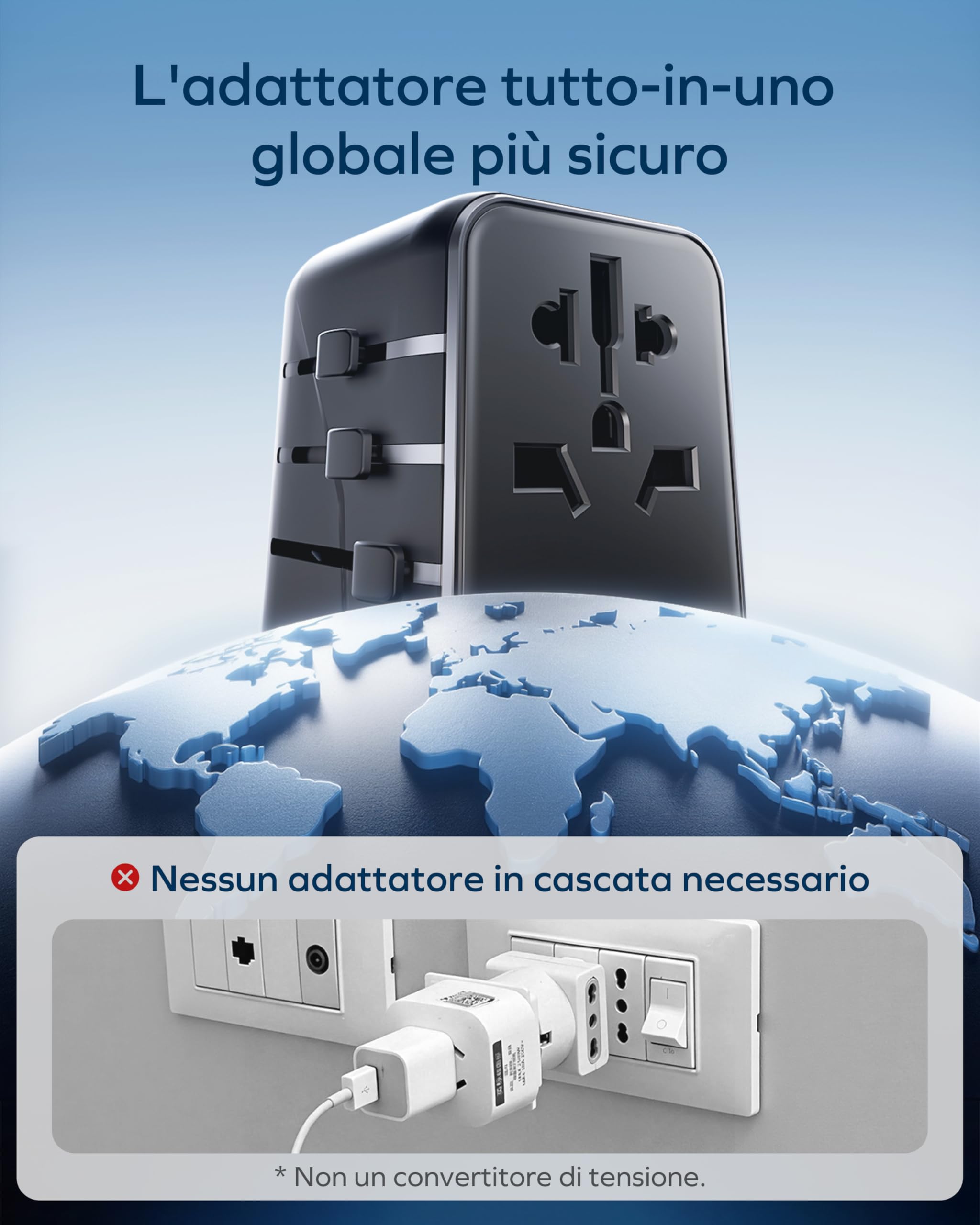 MOMAX Adattatore Universale da Viaggio GaN 70 W, Presa Universale da Viaggio con 3 USB-C e 2 USB-A e 1 AC, Adattatore da Viaggio Italia Inghilterra Germania America Australia e 224+ Paese(Nero)