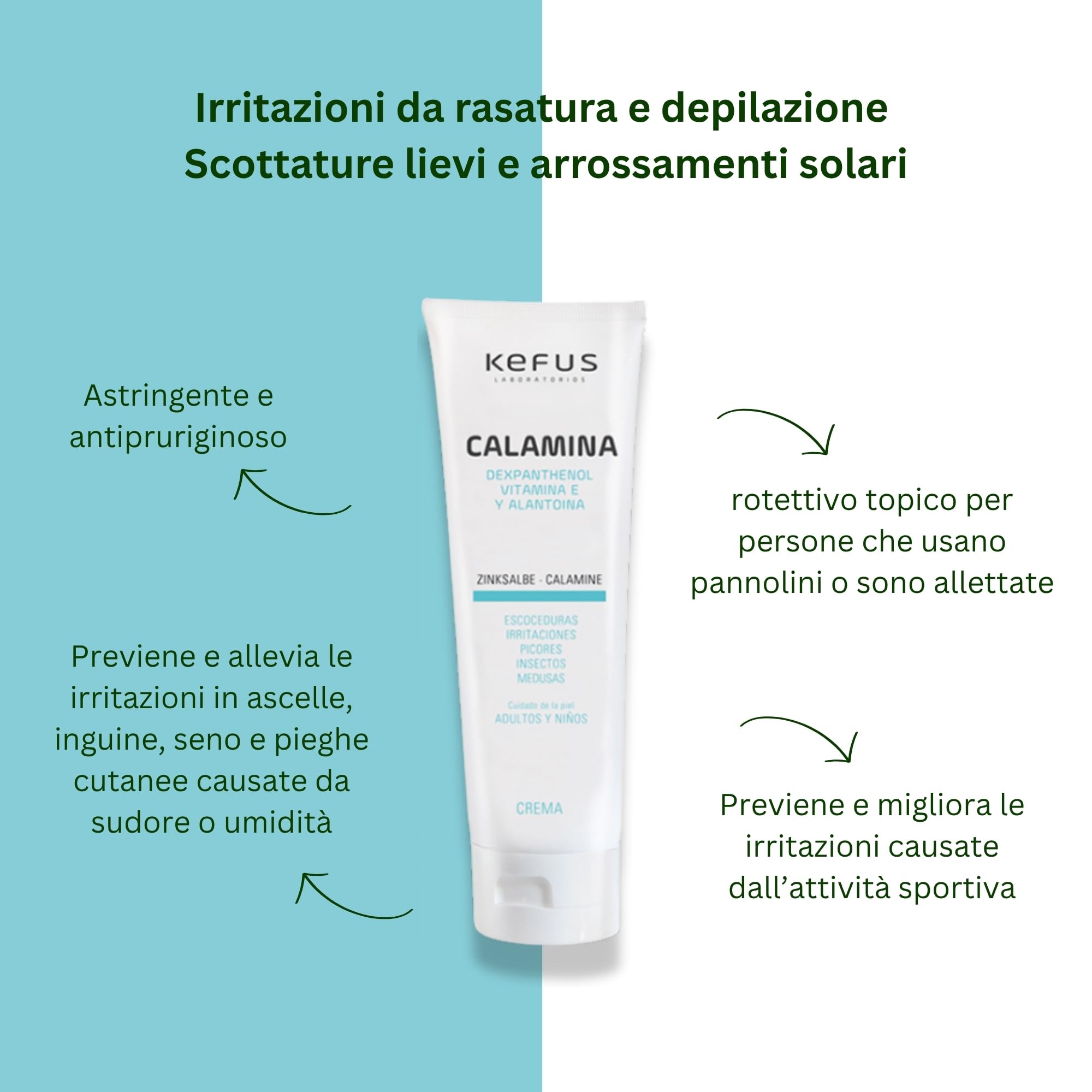 Kefus Crema Calamina con Dexpantenolo, Allantoina e Vitamina E. Astringente, assorbente e protettiva per la pelle. Previene e migliora le eruzioni cutanee, allevia le punture di insetti e meduse. 75 g