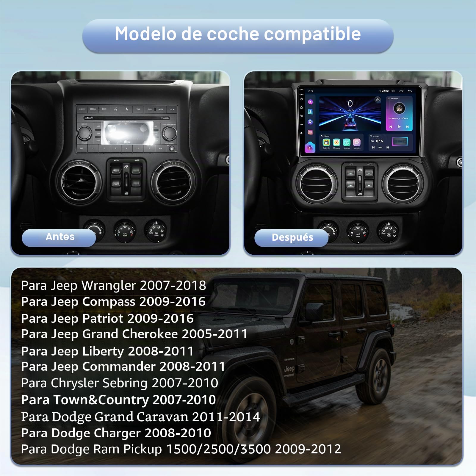 Radio estéreo de 4 GB + 32 GB para Jeep Wrangler JK 2007-2018 Dodge Ram 1500 2500 2009 2010 2011 2012 con Carplay inalámbrico y Android Auto- 5GWIFI 10.2 pulgadas pantalla táctil Bluetooth RDS FM SWC