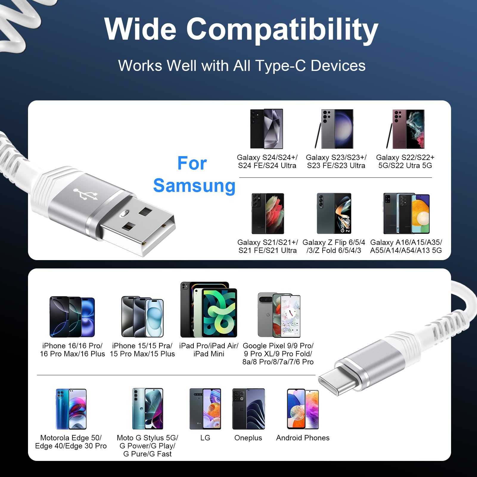 Cable de carga retráctil de coche de 6 pies en espiral USB a USB C, cable de carga rápida Android Auto para Motorola Edge 50/Edge 40 Ultra/Moto G Stylus/G Play/G Power, Samsung Galaxy S24 Ultra A15