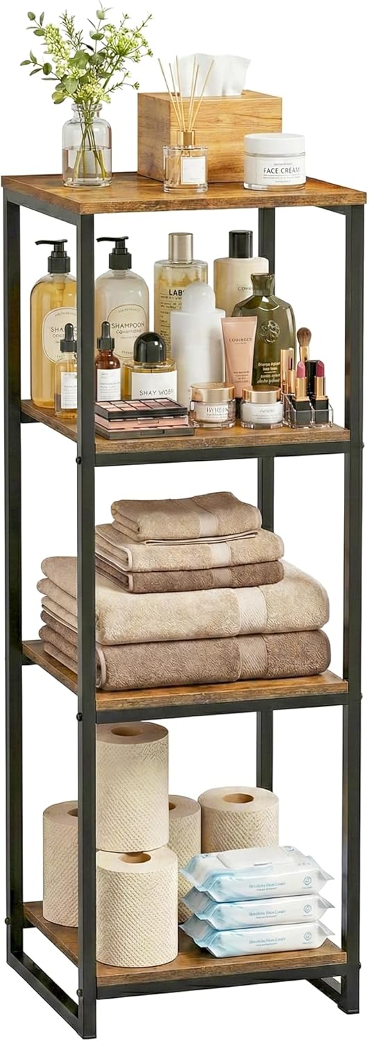 4-Tier Bathroom Shelving Unit, 33.7" H Narrow Open Floor Shelves, Metal Corner Slim Storage Rack for Bathroom Laundry Room Kitchen Living Room, Rustic Brown