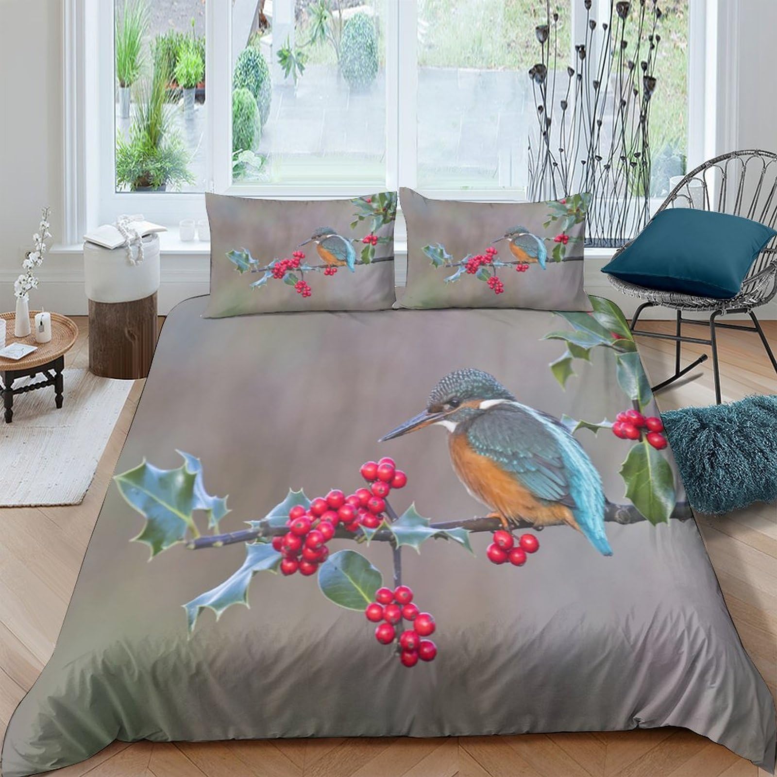 Ctjqhvkz Style-7 3D Printed Kingfisher Branch Fitted Sheet Microfiber Soft Anti-Slip Berry Blossom Bed Cover For Bedroom Guestroom Decor Single（135X200cm）