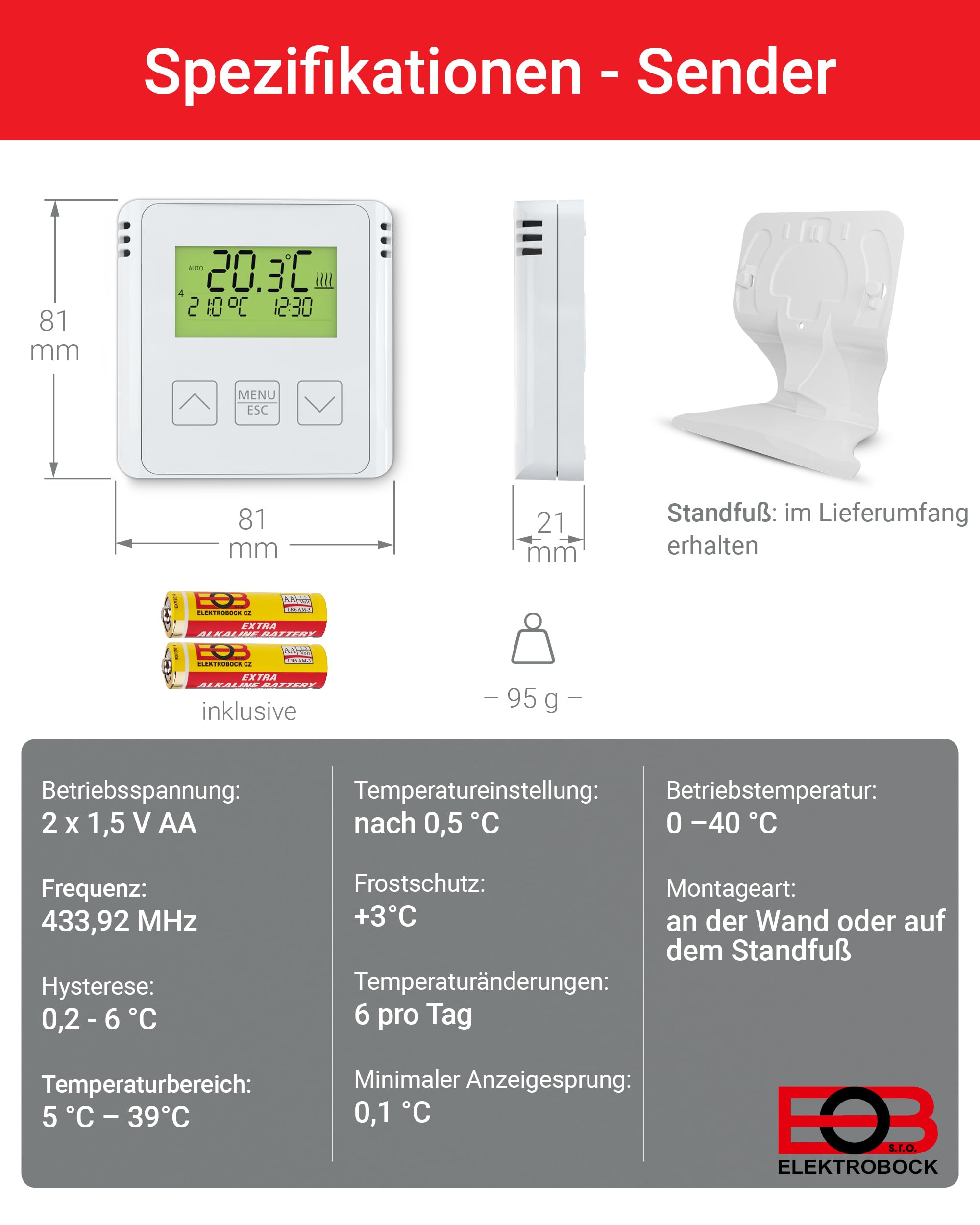 ELEKTROBOCK BT733 Funk-Raumthermostat mit Zwischensteckdose - 35 m Reichweite - Für elektrische Heizung und Infrarotheizung - Wochenprogramme - Frostschutz, Weiß