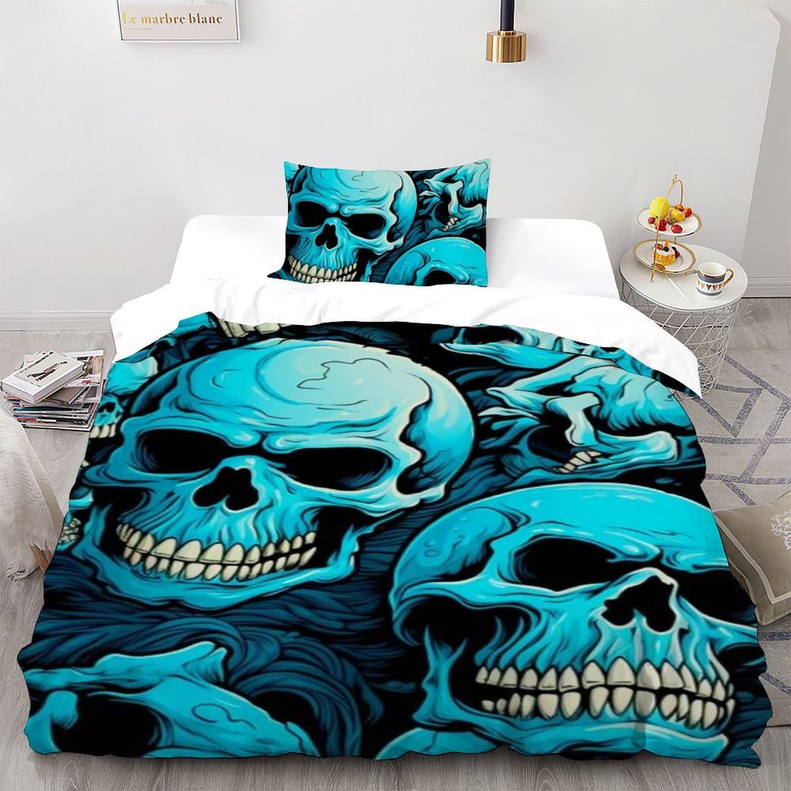 Housse de couette single crâne bleu en microfibre 135x200cm pour lit d'une personne avec taie