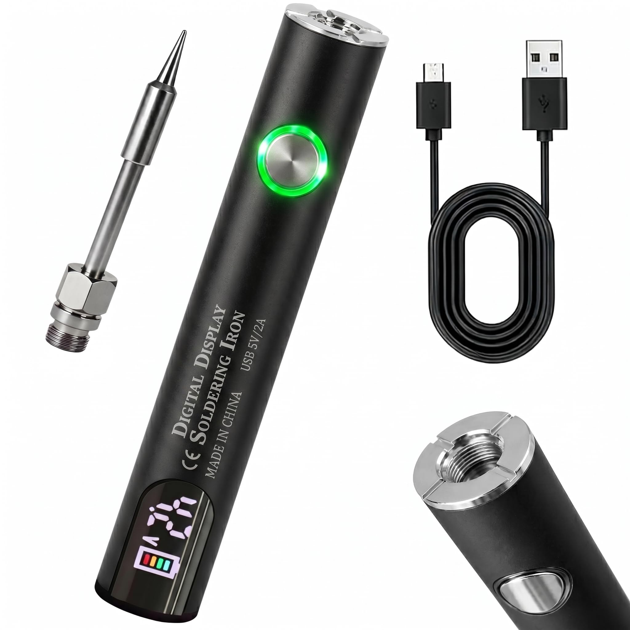 Pluma de soldadura inalámbrica recargable por USB de 650 mAh, soldador roscado universal con voltaje ajustable y pantalla LED, kit de soldadura portátil para reparación de electrodomésticos (negro)