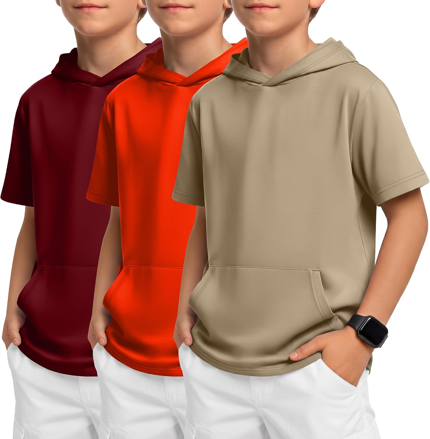Halfchet 3 Pack Boys Short Sleeve Hoodies Kids Loose Lightweight Sweatshirts Casual Active Athletic Pullovers with Pocket