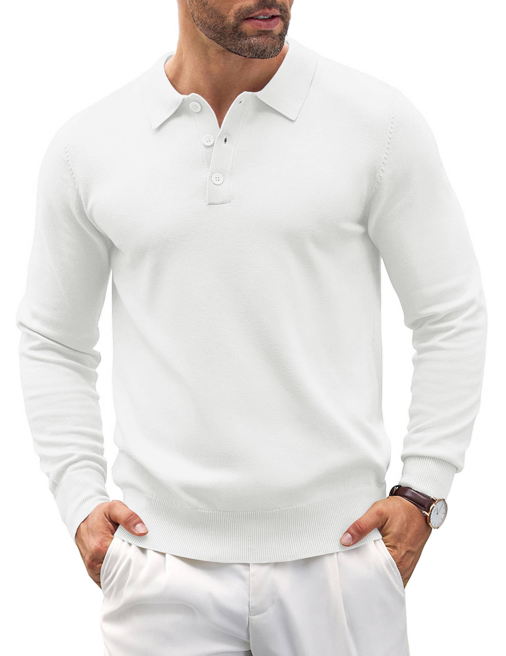 Mens Knit Polo Shirts Casual Long Sleeve Classic Polo Shirts Button Down Golf Shirts